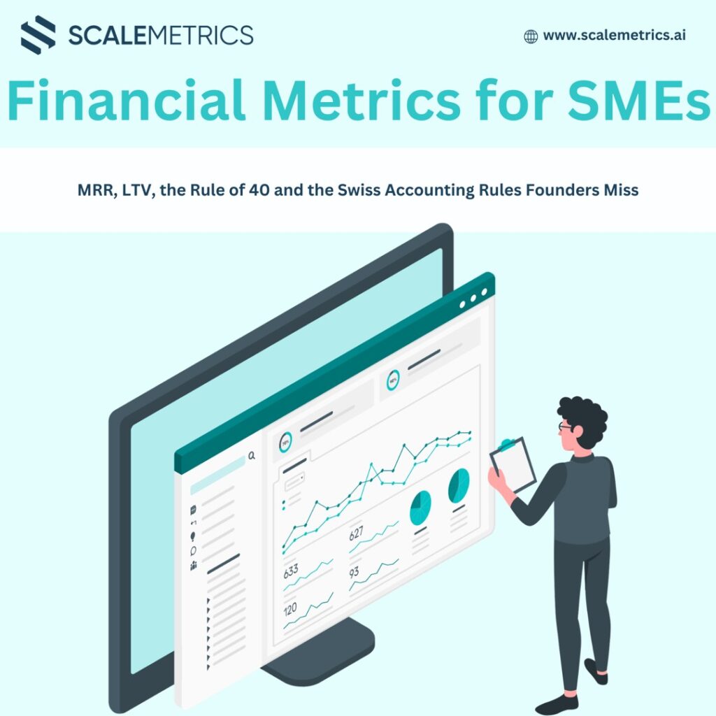SaaS financial metrics dashboard for Swiss SMEs showing MRR, LTV and Rule of 40
