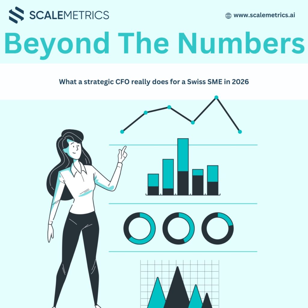 Strategic CFO reading business data charts for a Swiss SME, Scalemetrics